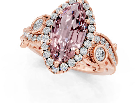 Rose gold Marquise Cut Morganite Halo Ring with Milgrain Pavé Band and Four-Prong Setting_13