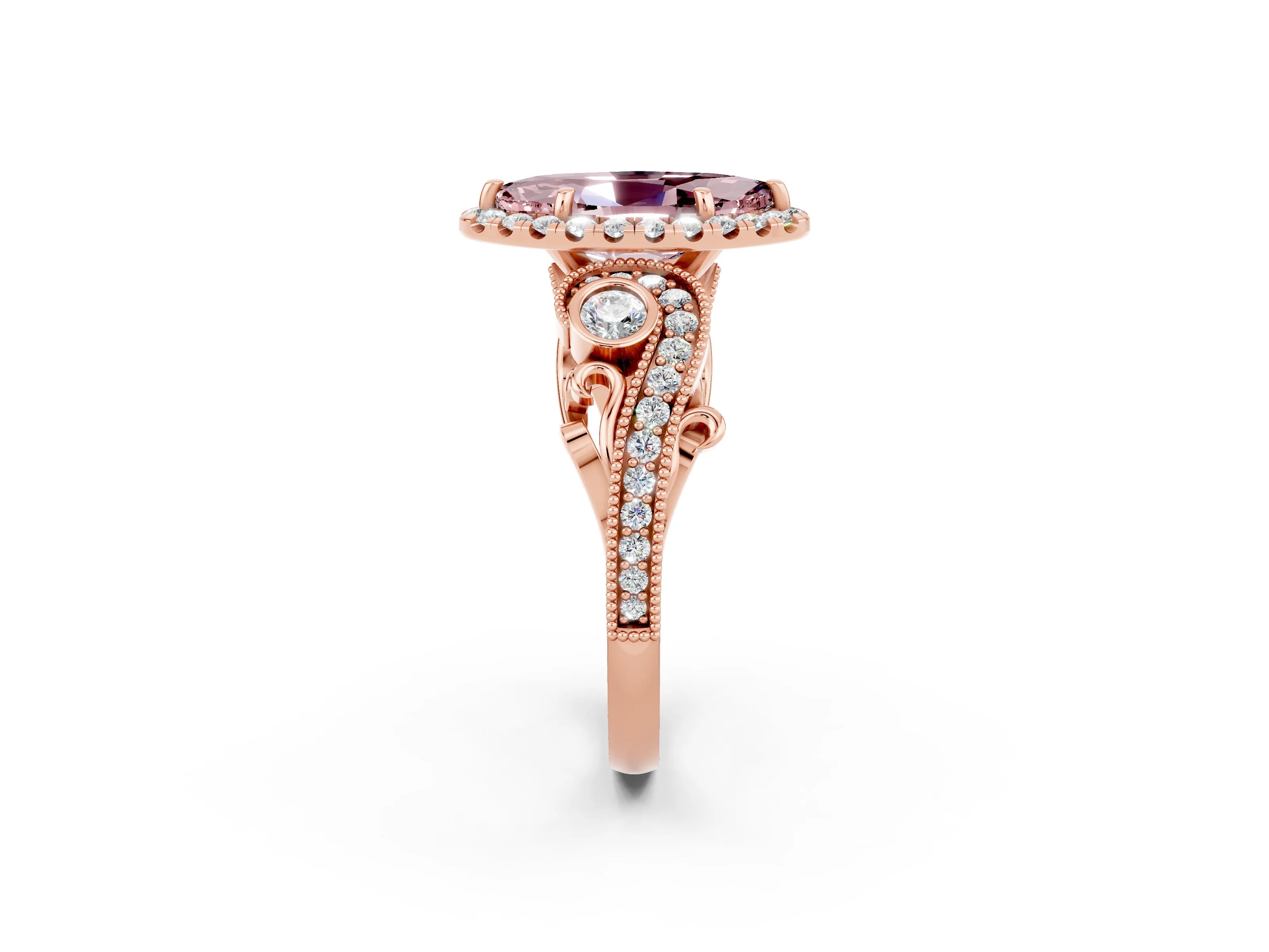 Rose gold Marquise Cut Morganite Halo Ring with Milgrain Pavé Band and Four-Prong Setting_14