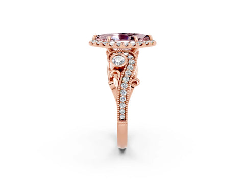 Rose gold Marquise Cut Morganite Halo Ring with Milgrain Pavé Band and Four-Prong Setting_14