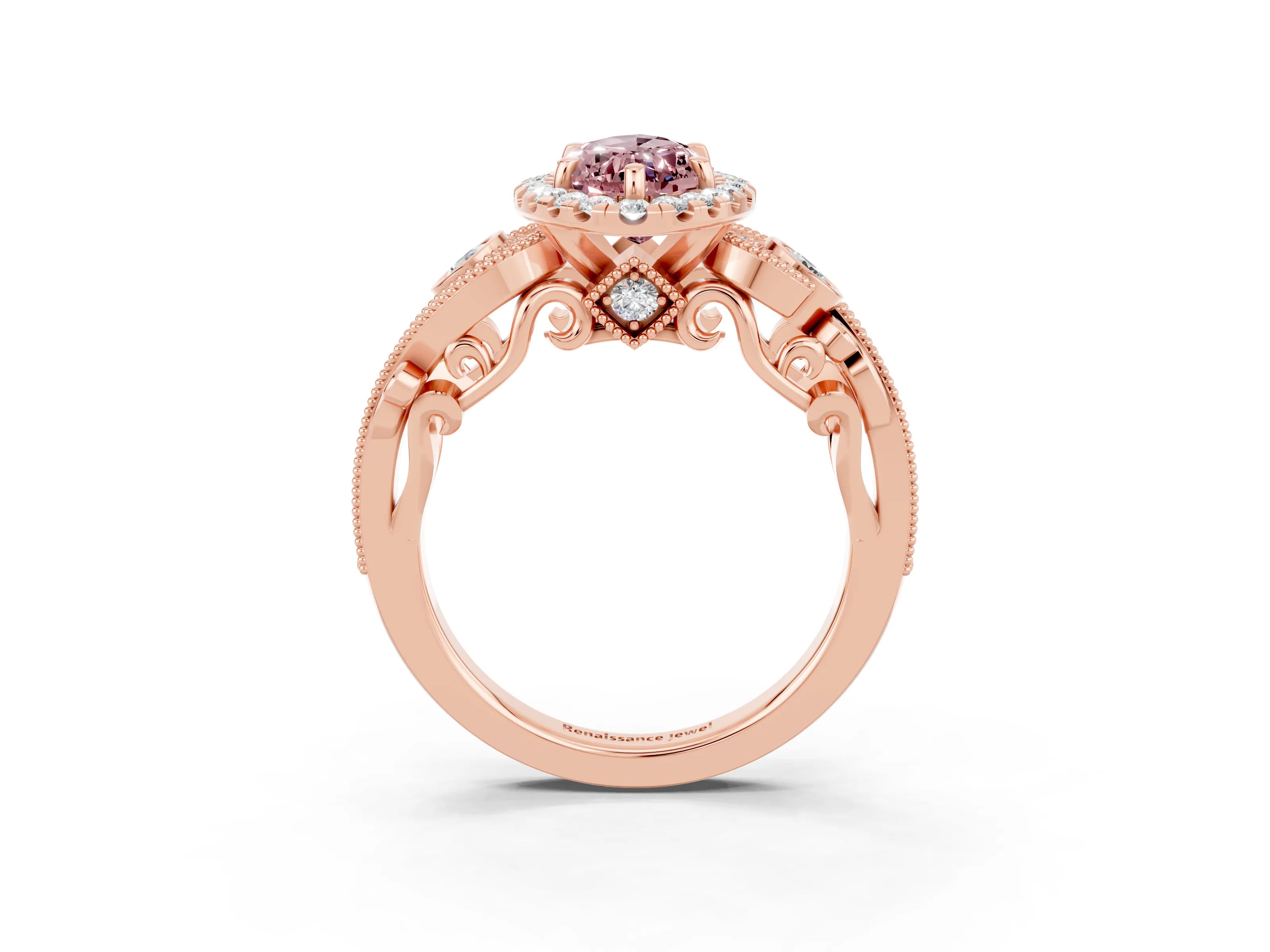 Rose gold Marquise Cut Morganite Halo Ring with Milgrain Pavé Band and Four-Prong Setting_15
