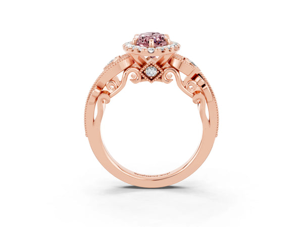 Rose gold Marquise Cut Morganite Halo Ring with Milgrain Pavé Band and Four-Prong Setting