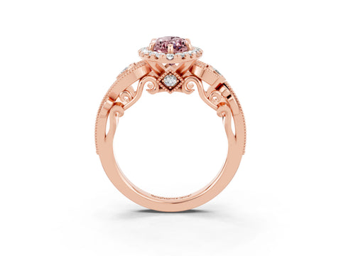 Rose gold Marquise Cut Morganite Halo Ring with Milgrain Pavé Band and Four-Prong Setting_15