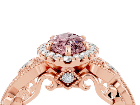 Rose gold Marquise Cut Morganite Halo Ring with Milgrain Pavé Band and Four-Prong Setting_16