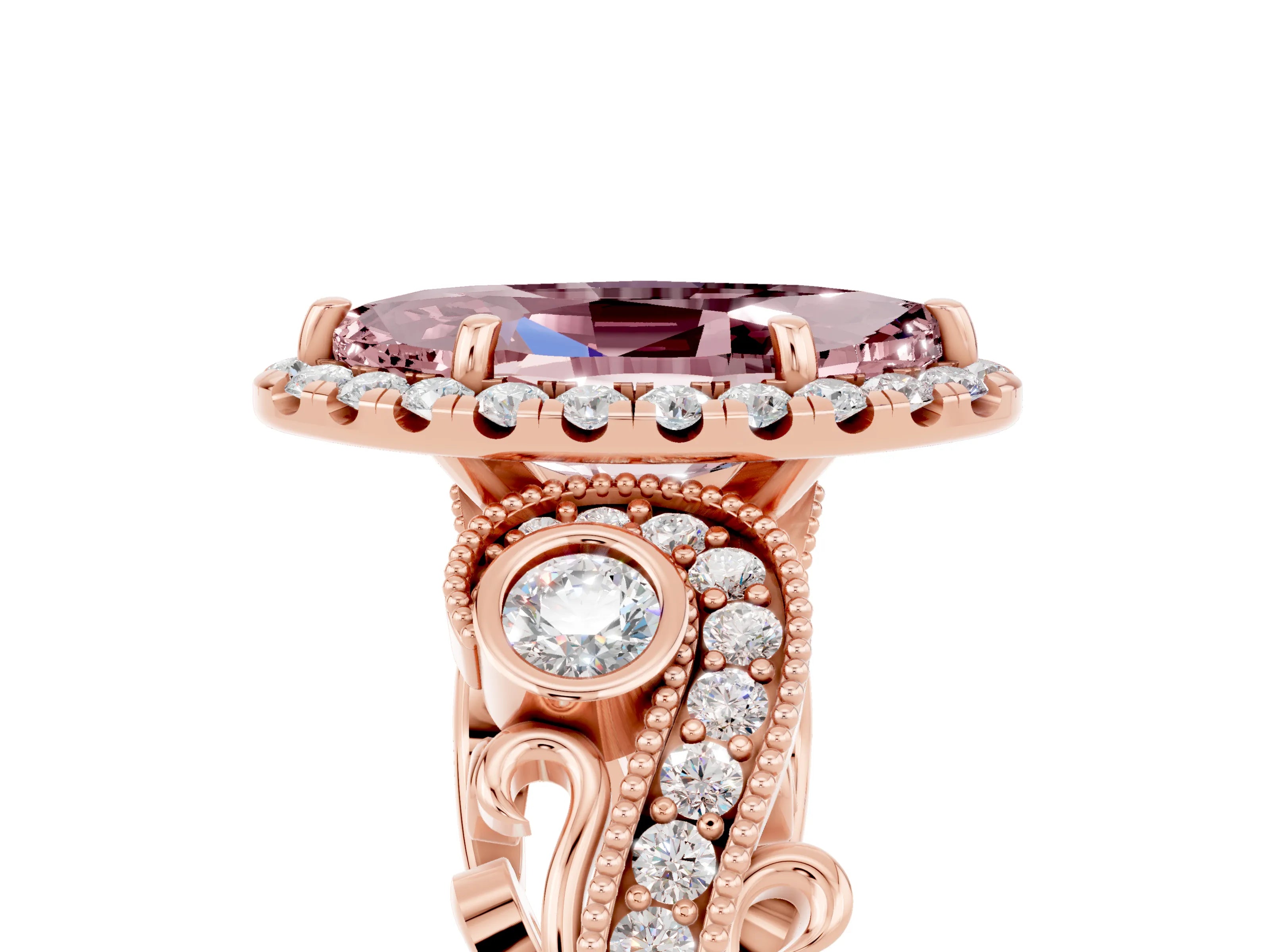 Rose gold Marquise Cut Morganite Halo Ring with Milgrain Pavé Band and Four-Prong Setting_17