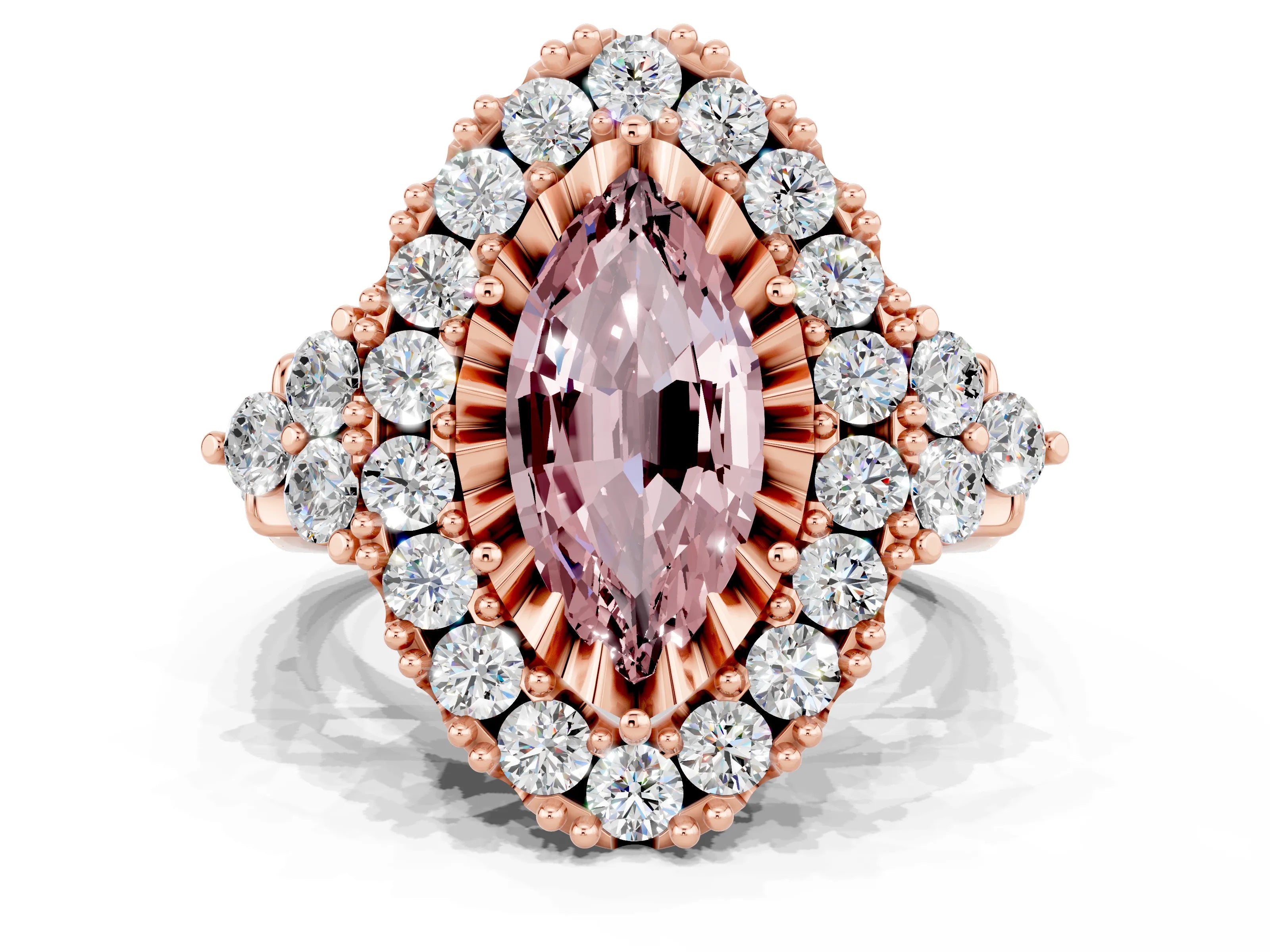 Rose gold Marquise Cut Morganite Halo Ring with Pavé Band and Four-Prong Setting_12
