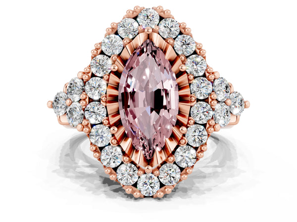 Rose gold Marquise Cut Morganite Halo Ring with Pavé Band and Four-Prong Setting