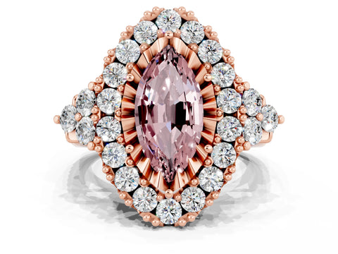 Rose gold Marquise Cut Morganite Halo Ring with Pavé Band and Four-Prong Setting_12