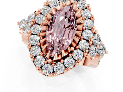 Rose gold Marquise Cut Morganite Halo Ring with Pavé Band and Four-Prong Setting_13