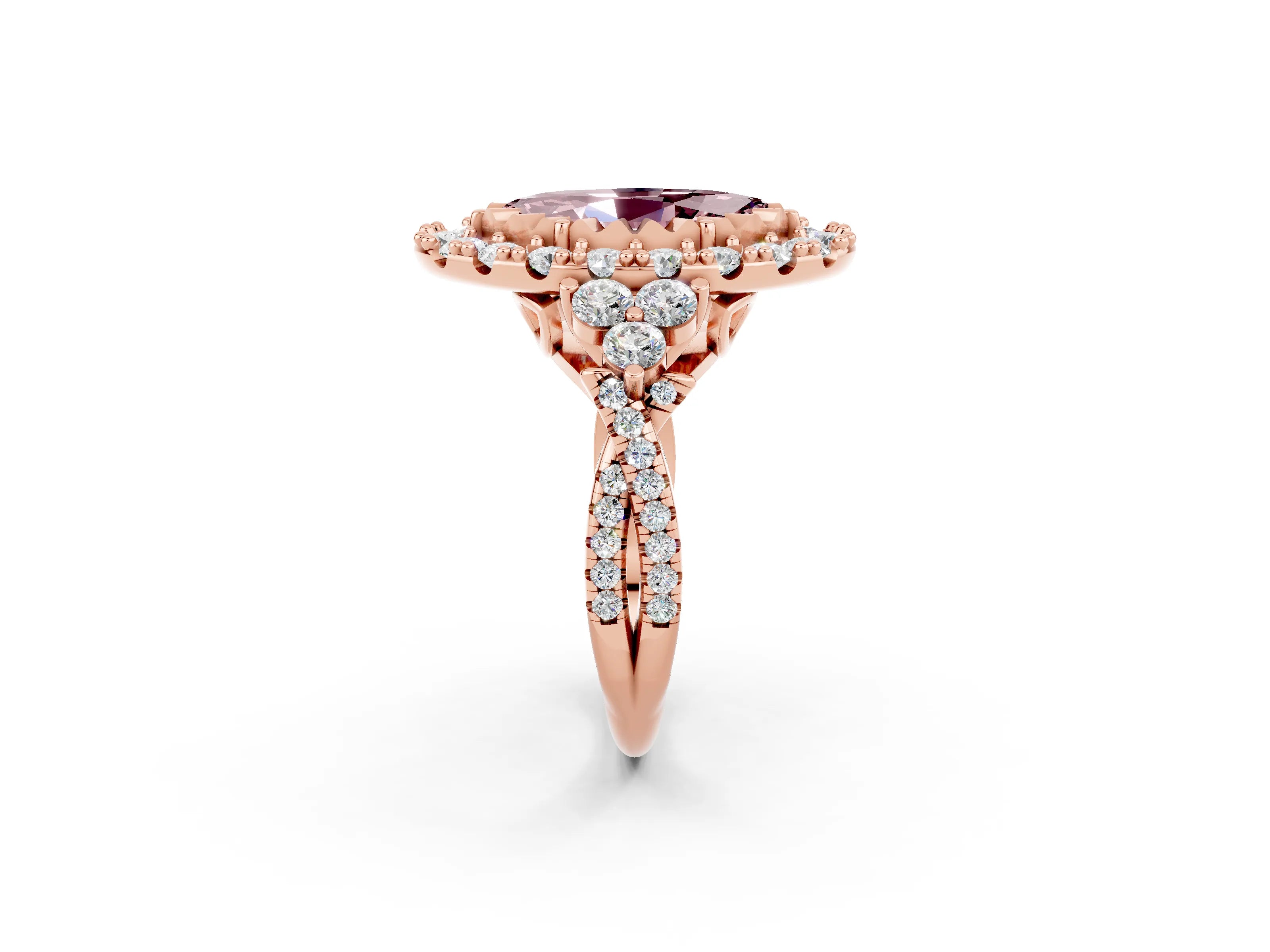 Rose gold Marquise Cut Morganite Halo Ring with Pavé Band and Four-Prong Setting_14