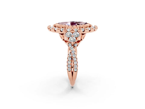 Rose gold Marquise Cut Morganite Halo Ring with Pavé Band and Four-Prong Setting_14