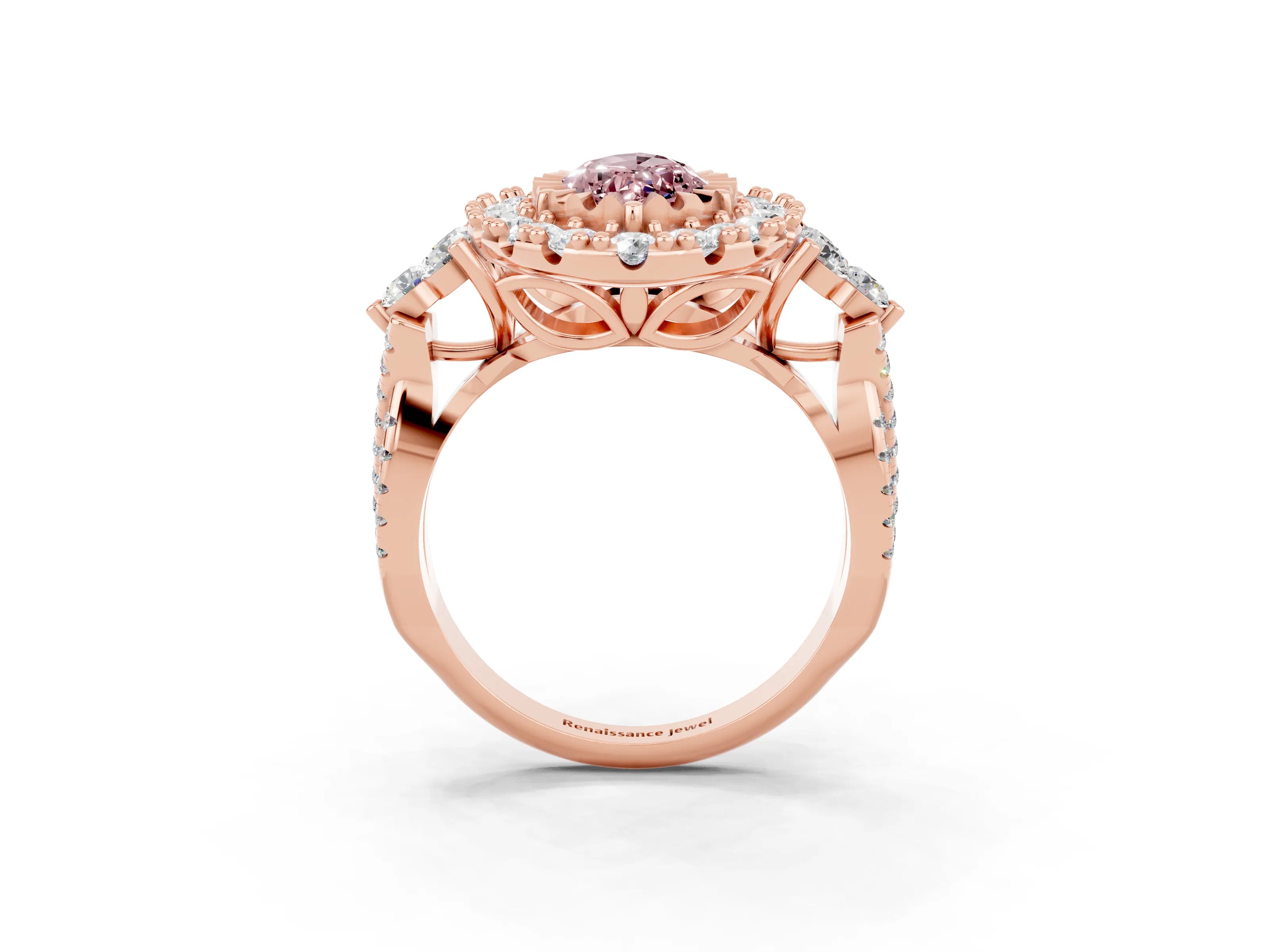 Rose gold Marquise Cut Morganite Halo Ring with Pavé Band and Four-Prong Setting_15