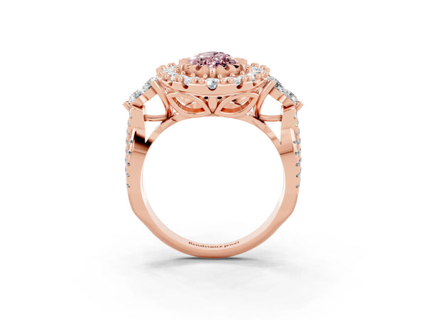 Rose gold Marquise Cut Morganite Halo Ring with Pavé Band and Four-Prong Setting