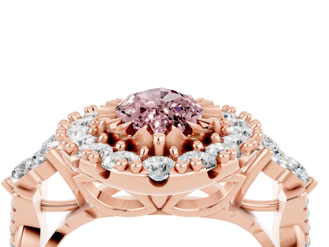 Rose gold Marquise Cut Morganite Halo Ring with Pavé Band and Four-Prong Setting_16