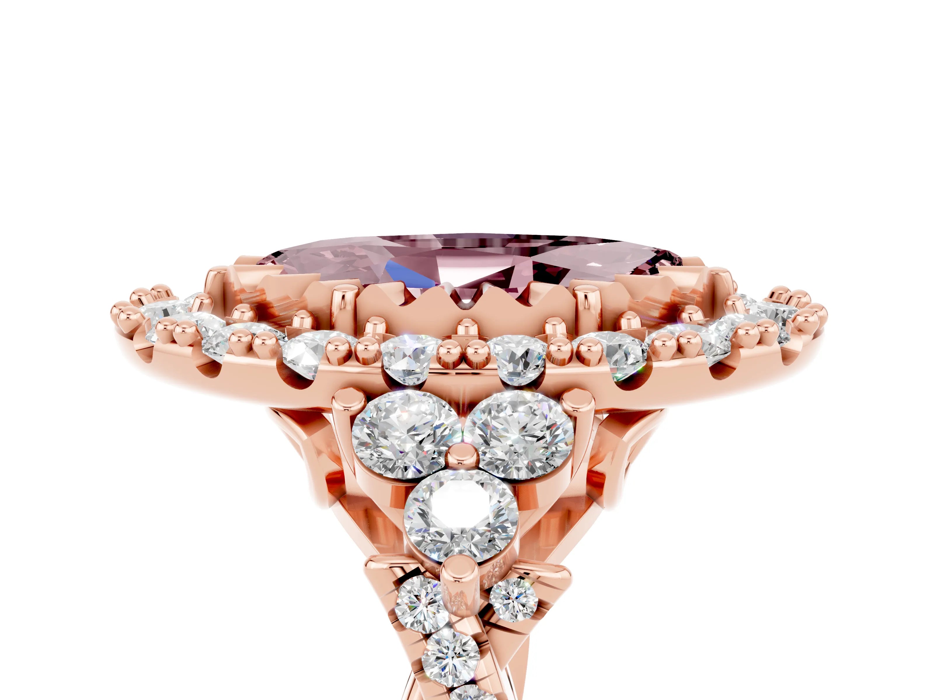 Rose gold Marquise Cut Morganite Halo Ring with Pavé Band and Four-Prong Setting_17