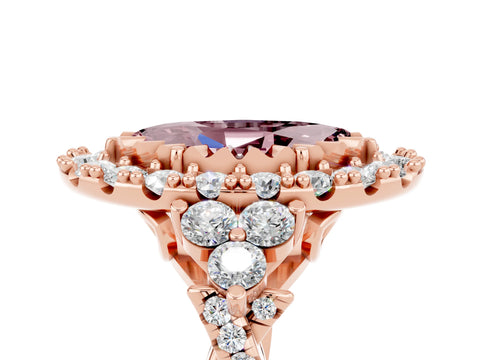 Rose gold Marquise Cut Morganite Halo Ring with Pavé Band and Four-Prong Setting_17