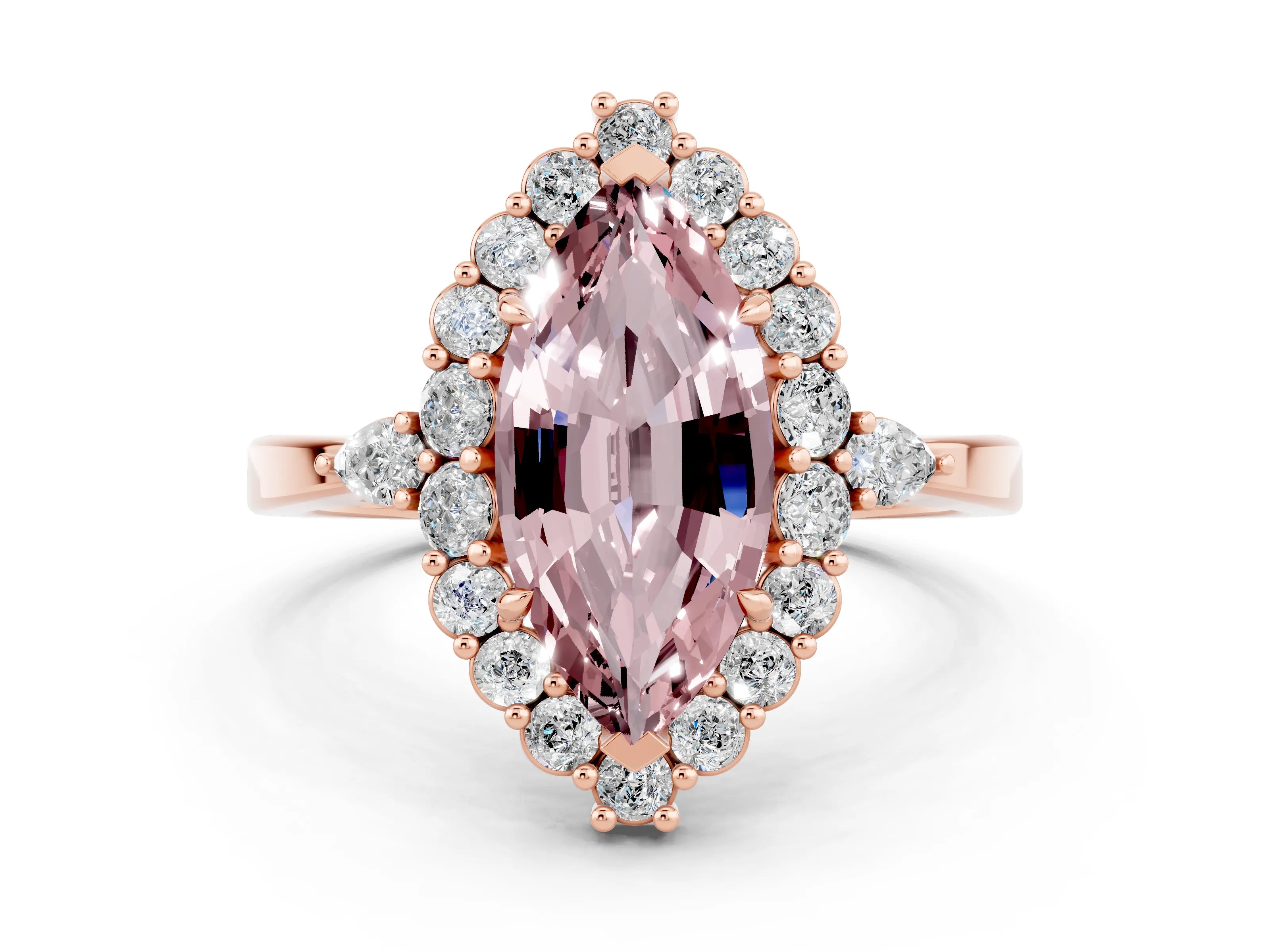 Rose gold Marquise Cut Morganite Halo Ring with Pear Side Stones and Prong Setting_12