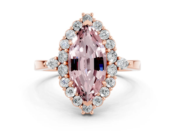 Rose gold Marquise Cut Morganite Halo Ring with Pear Side Stones and Prong Setting