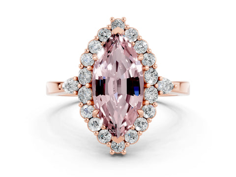 Rose gold Marquise Cut Morganite Halo Ring with Pear Side Stones and Prong Setting_12