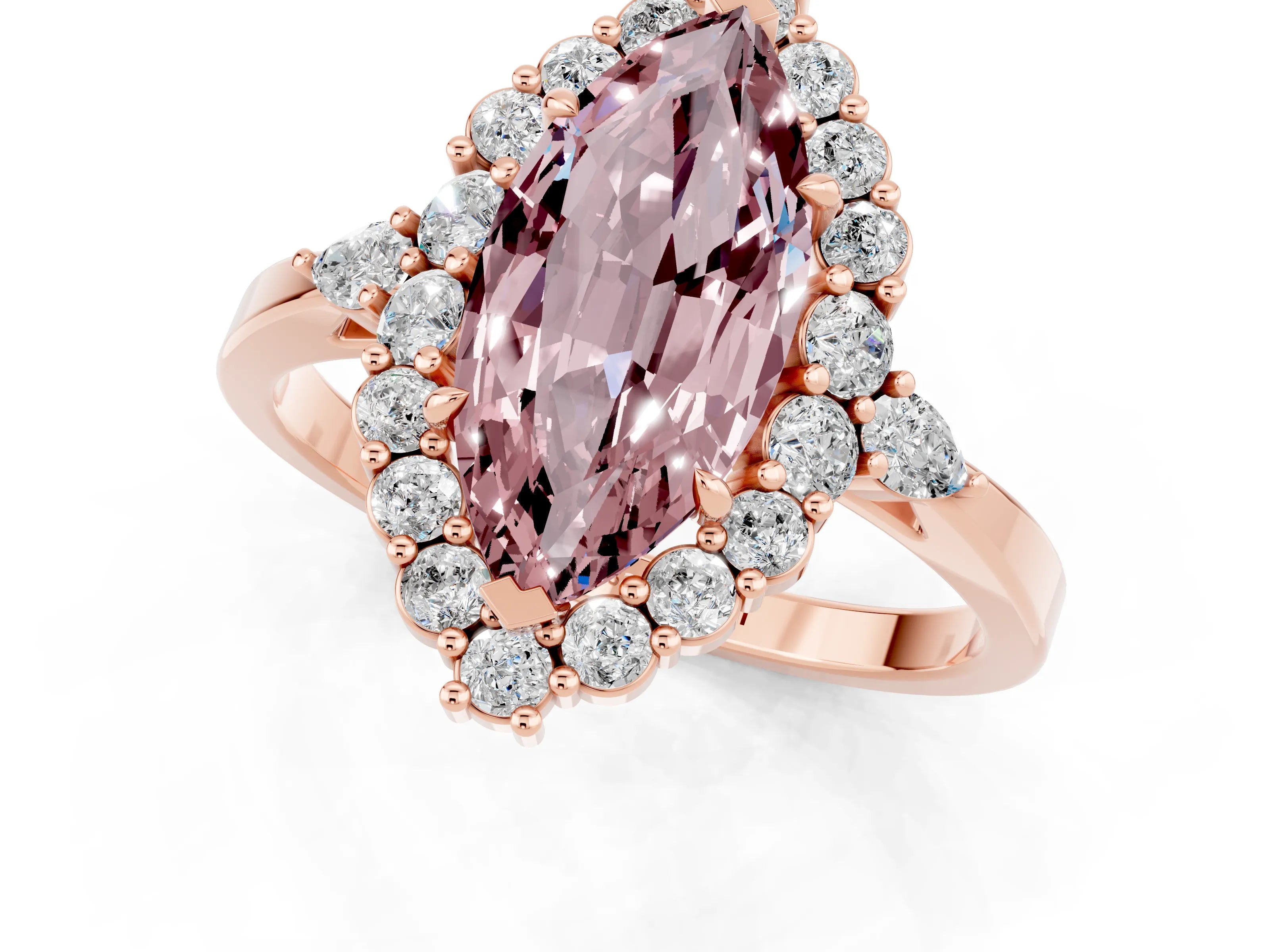 Rose gold Marquise Cut Morganite Halo Ring with Pear Side Stones and Prong Setting_13