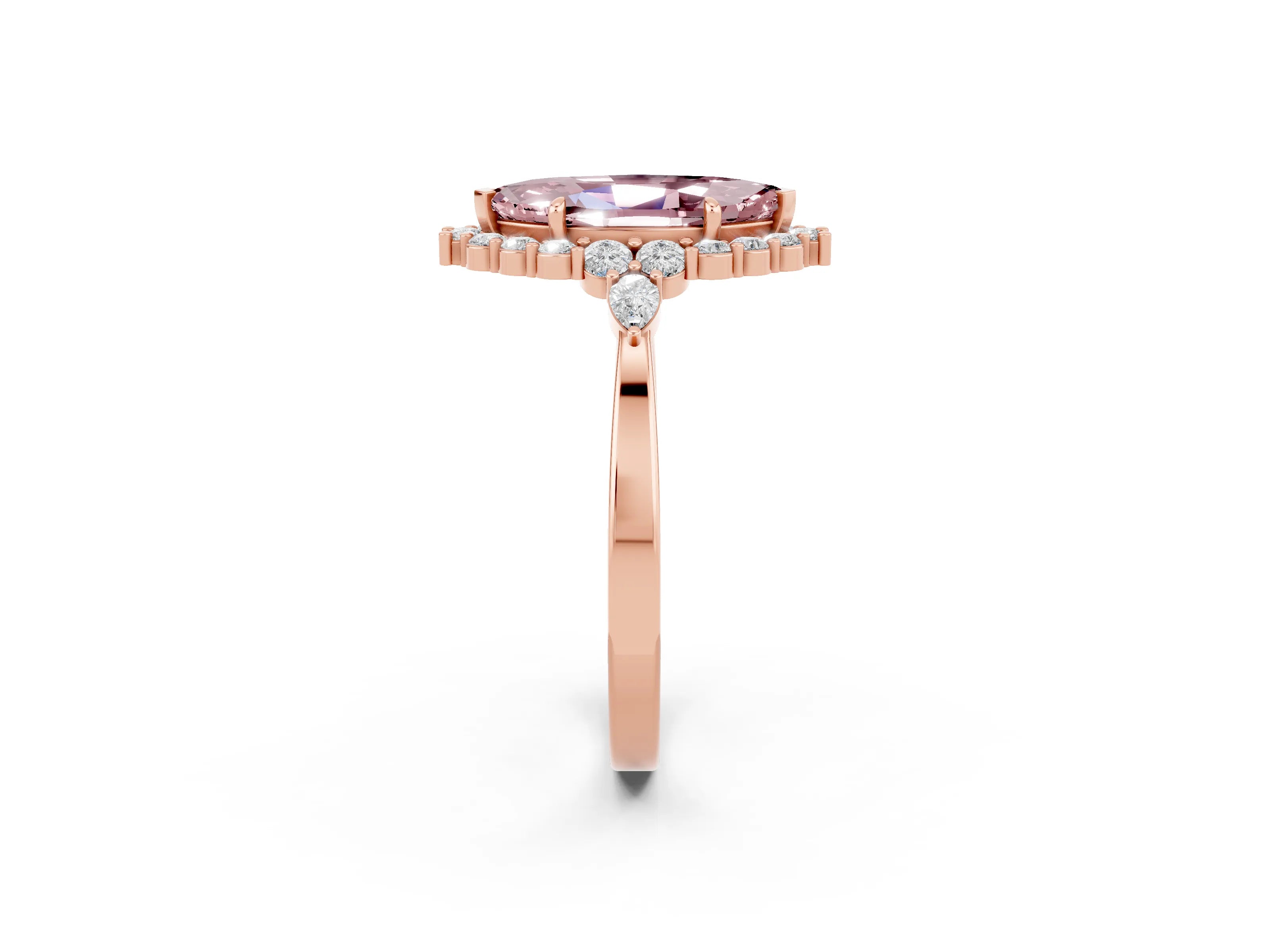 Rose gold Marquise Cut Morganite Halo Ring with Pear Side Stones and Prong Setting_14
