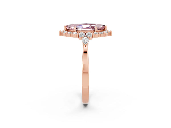 Rose gold Marquise Cut Morganite Halo Ring with Pear Side Stones and Prong Setting