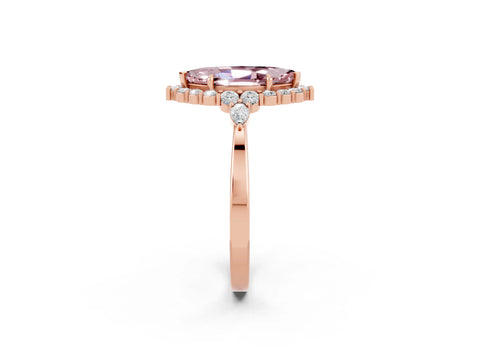 Rose gold Marquise Cut Morganite Halo Ring with Pear Side Stones and Prong Setting_14