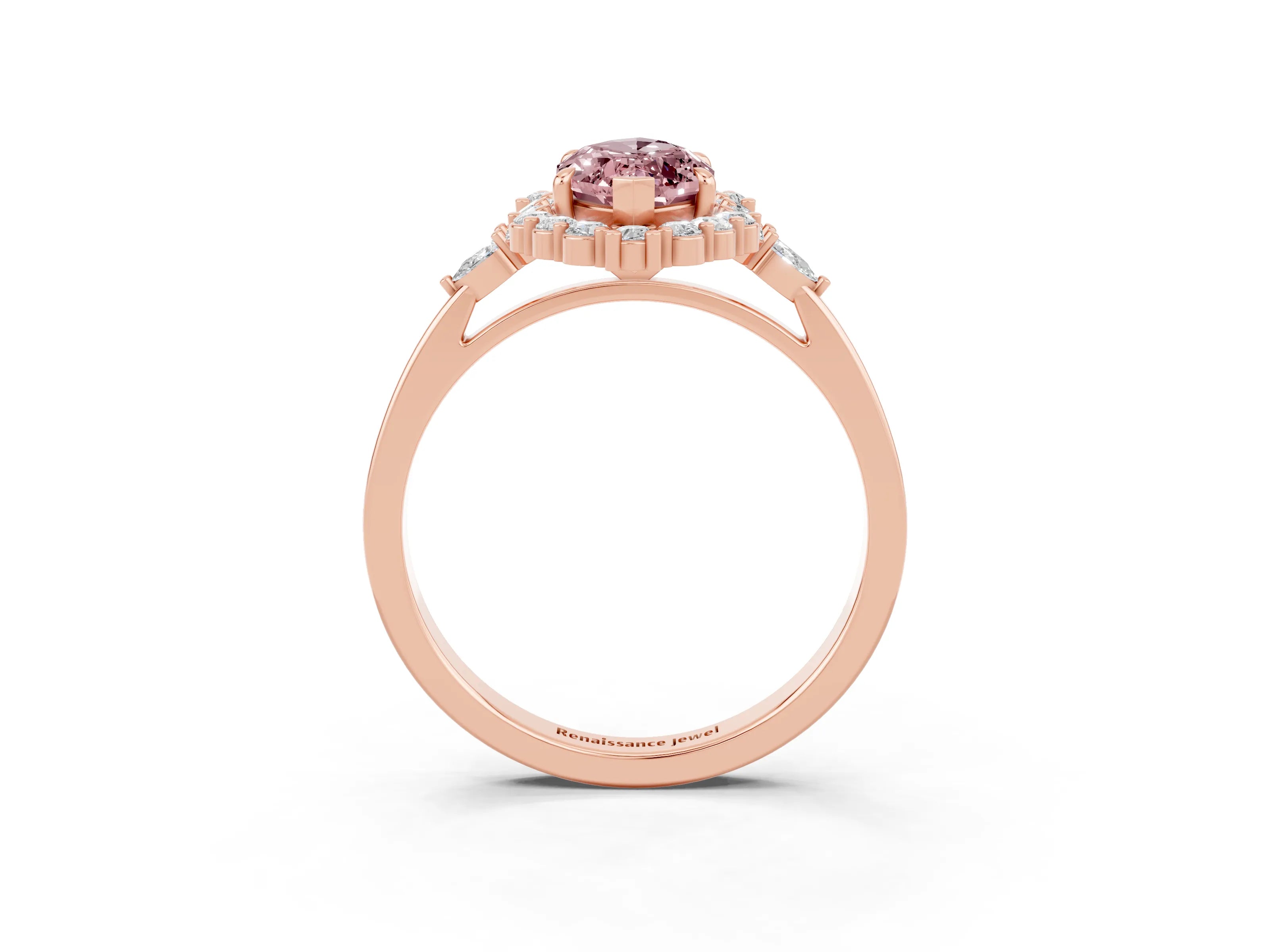 Rose gold Marquise Cut Morganite Halo Ring with Pear Side Stones and Prong Setting_15