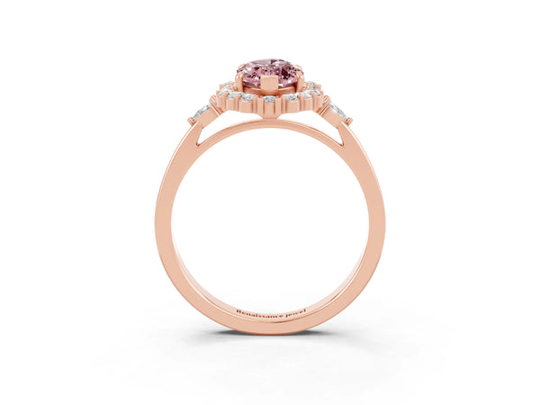 Rose gold Marquise Cut Morganite Halo Ring with Pear Side Stones and Prong Setting