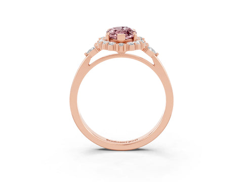Rose gold Marquise Cut Morganite Halo Ring with Pear Side Stones and Prong Setting_15