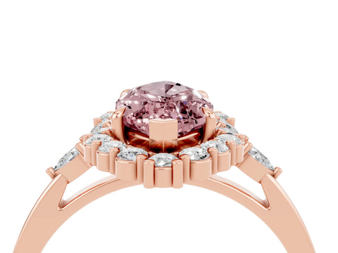 Rose gold Marquise Cut Morganite Halo Ring with Pear Side Stones and Prong Setting_16