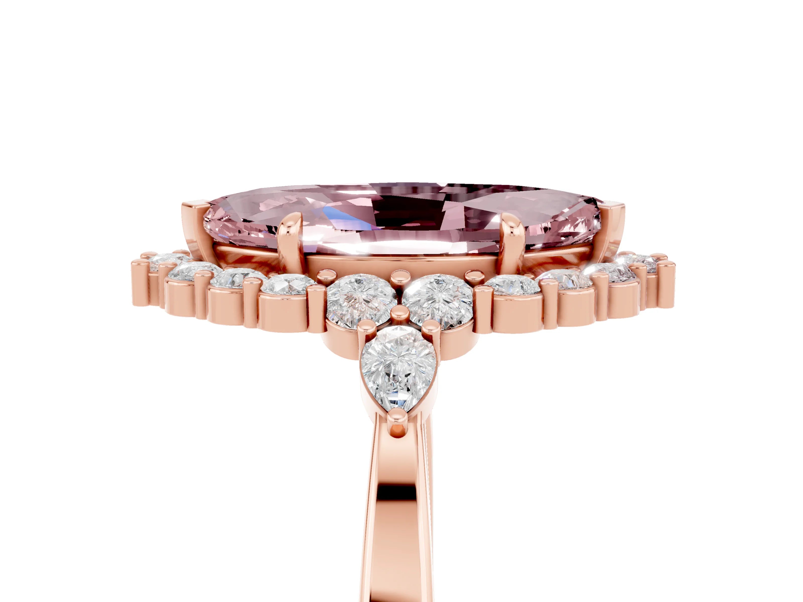 Rose gold Marquise Cut Morganite Halo Ring with Pear Side Stones and Prong Setting_17