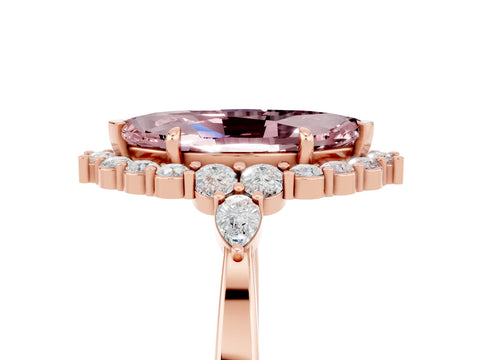 Rose gold Marquise Cut Morganite Halo Ring with Pear Side Stones and Prong Setting_17