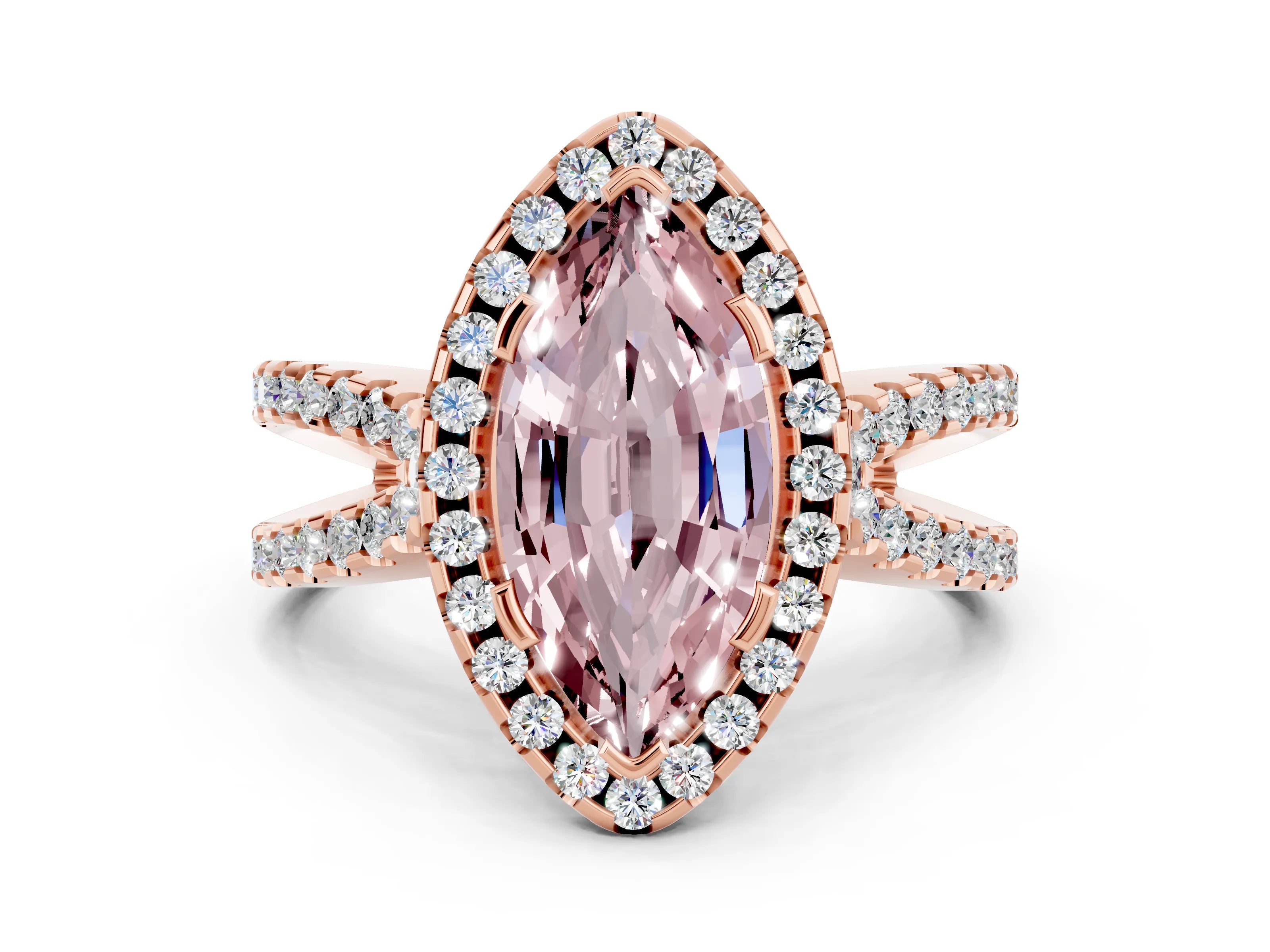 Rose gold Marquise Cut Morganite Halo Ring with Split Shank Pavé Band and Prong Setting