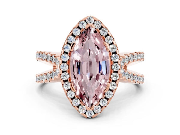 Rose gold Marquise Cut Morganite Halo Ring with Split Shank Pavé Band and Prong Setting