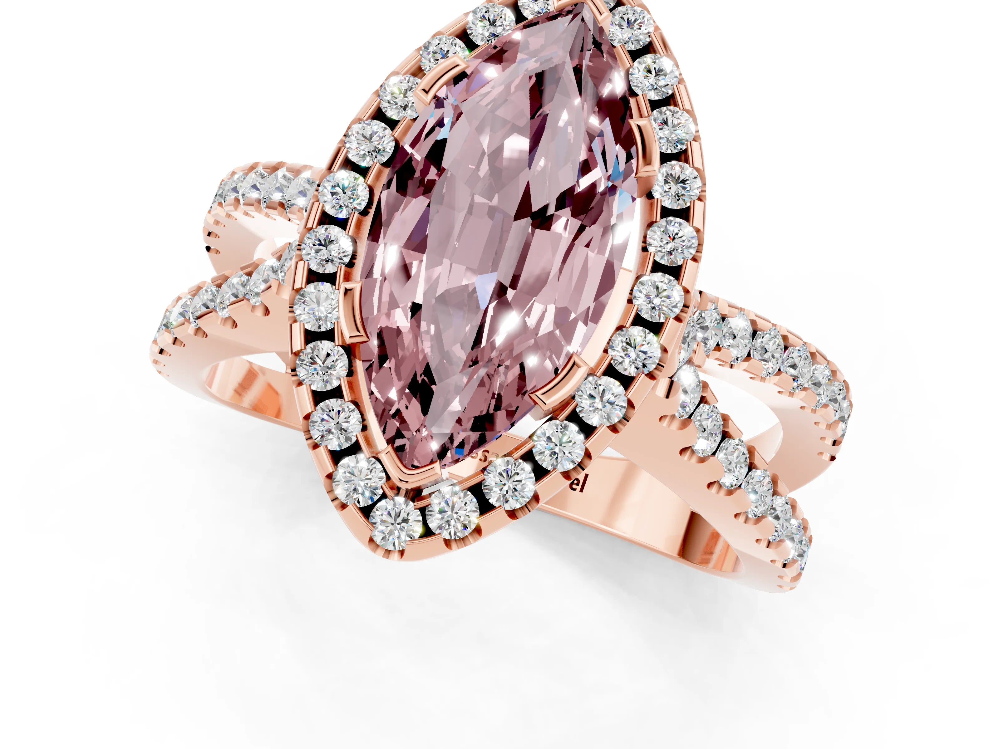 Rose gold Marquise Cut Morganite Halo Ring with Split Shank Pavé Band and Prong Setting_1