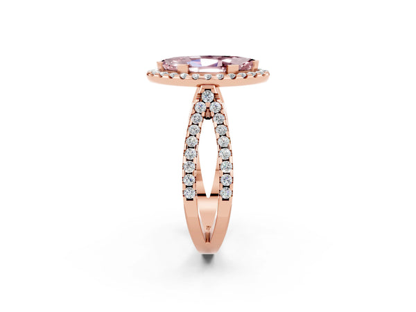 Rose gold Marquise Cut Morganite Halo Ring with Split Shank Pavé Band and Prong Setting