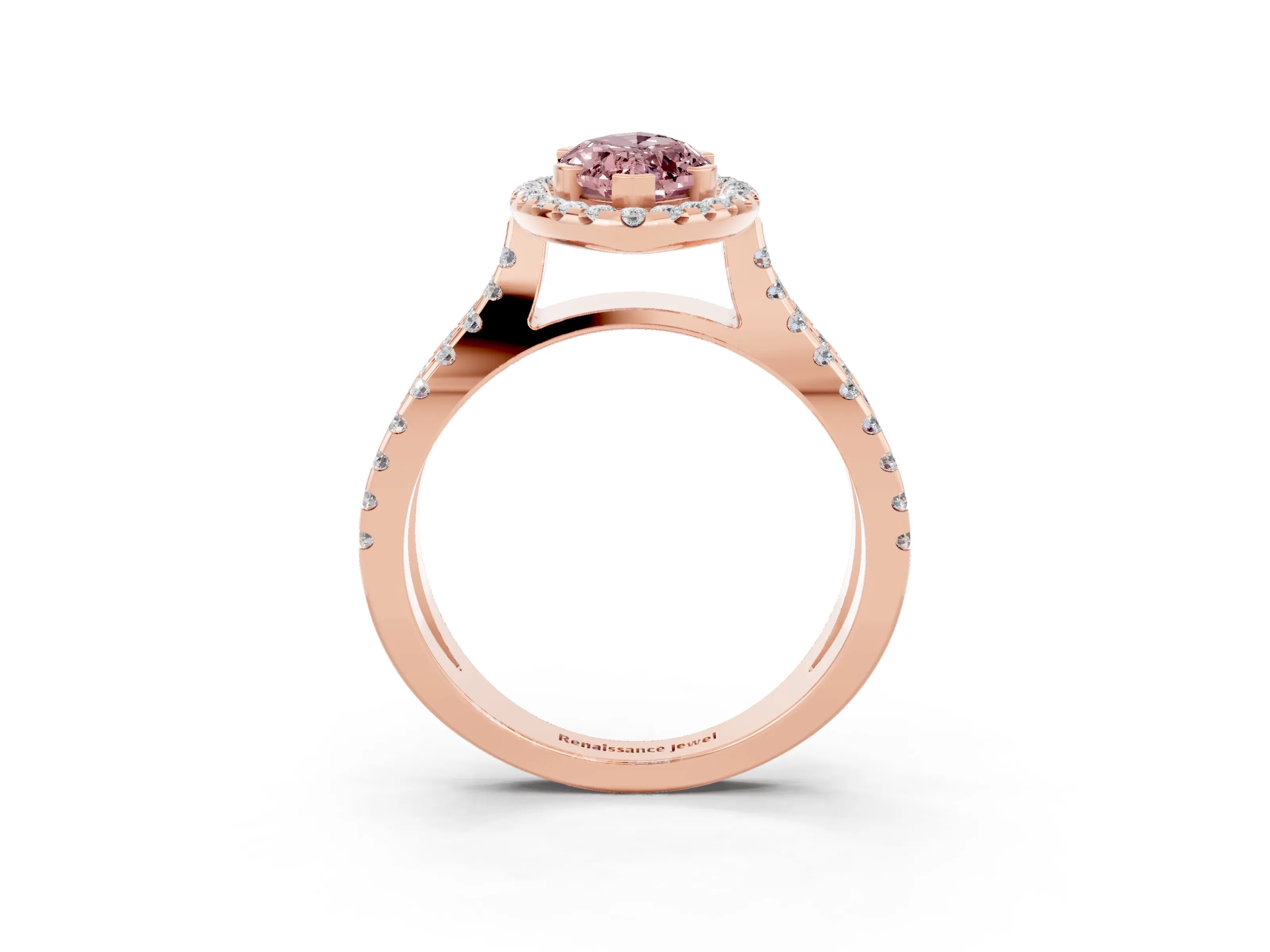Rose gold Marquise Cut Morganite Halo Ring with Split Shank Pavé Band and Prong Setting_3