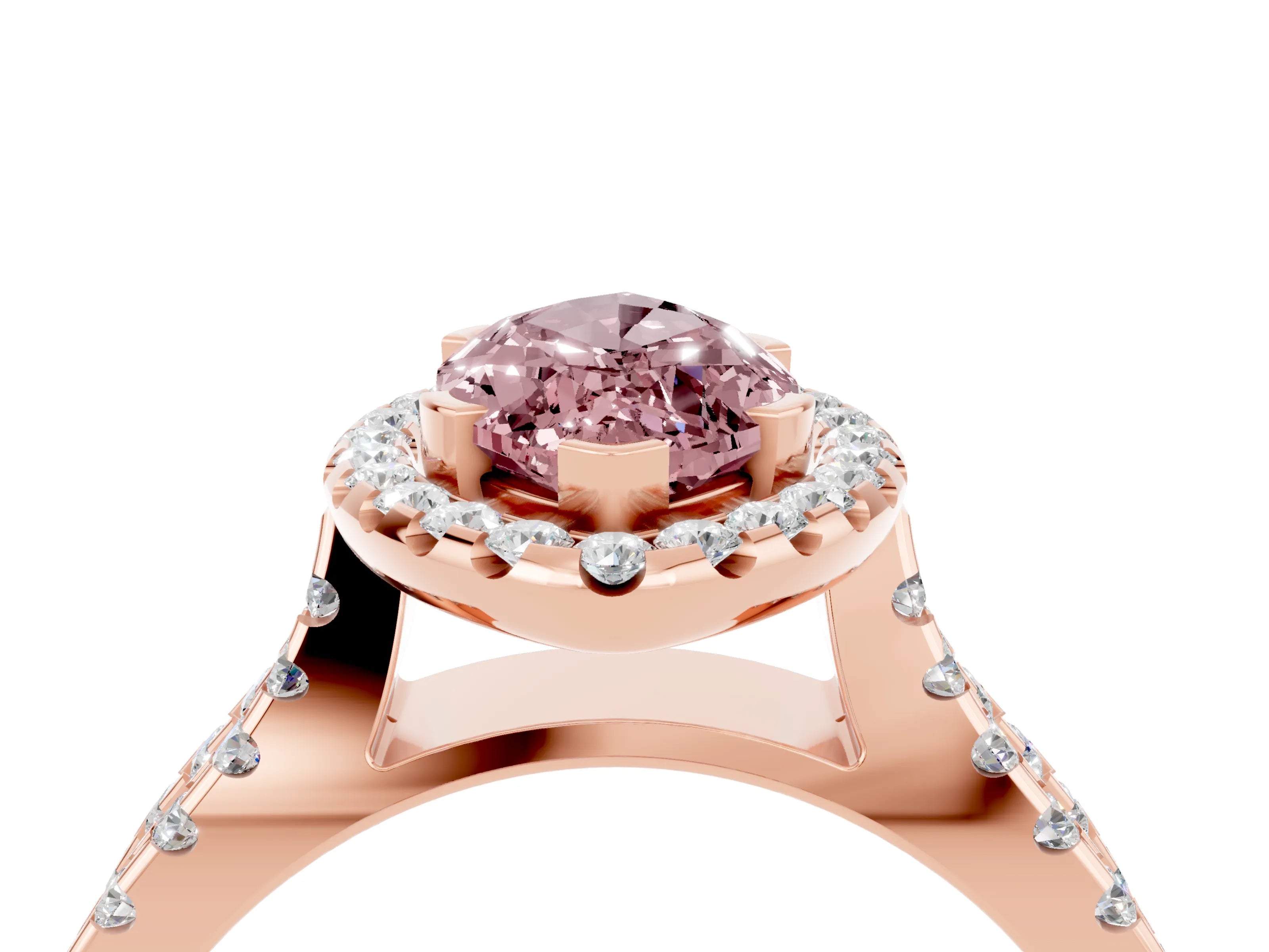 Rose gold Marquise Cut Morganite Halo Ring with Split Shank Pavé Band and Prong Setting_4