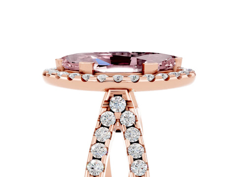 Rose gold Marquise Cut Morganite Halo Ring with Split Shank Pavé Band and Prong Setting_5