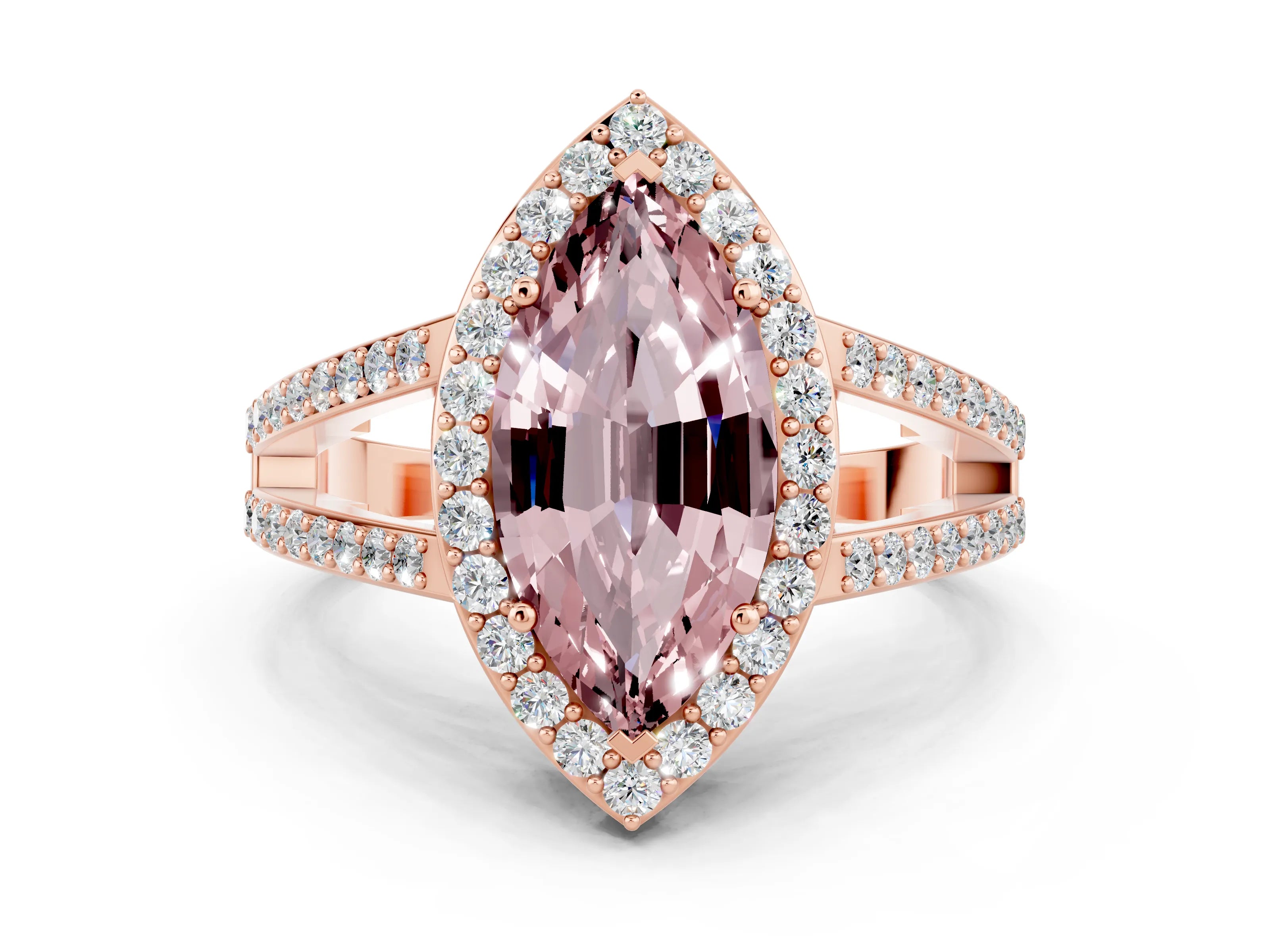 Rose gold Marquise Cut Morganite Halo Ring with Split Shank U-Prong Band and Four-Prong Setting