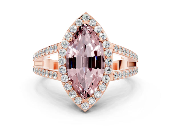 Rose gold Marquise Cut Morganite Halo Ring with Split Shank U-Prong Band and Four-Prong Setting