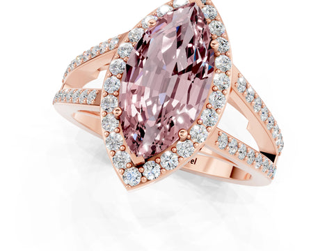 Rose gold Marquise Cut Morganite Halo Ring with Split Shank U-Prong Band and Four-Prong Setting_1