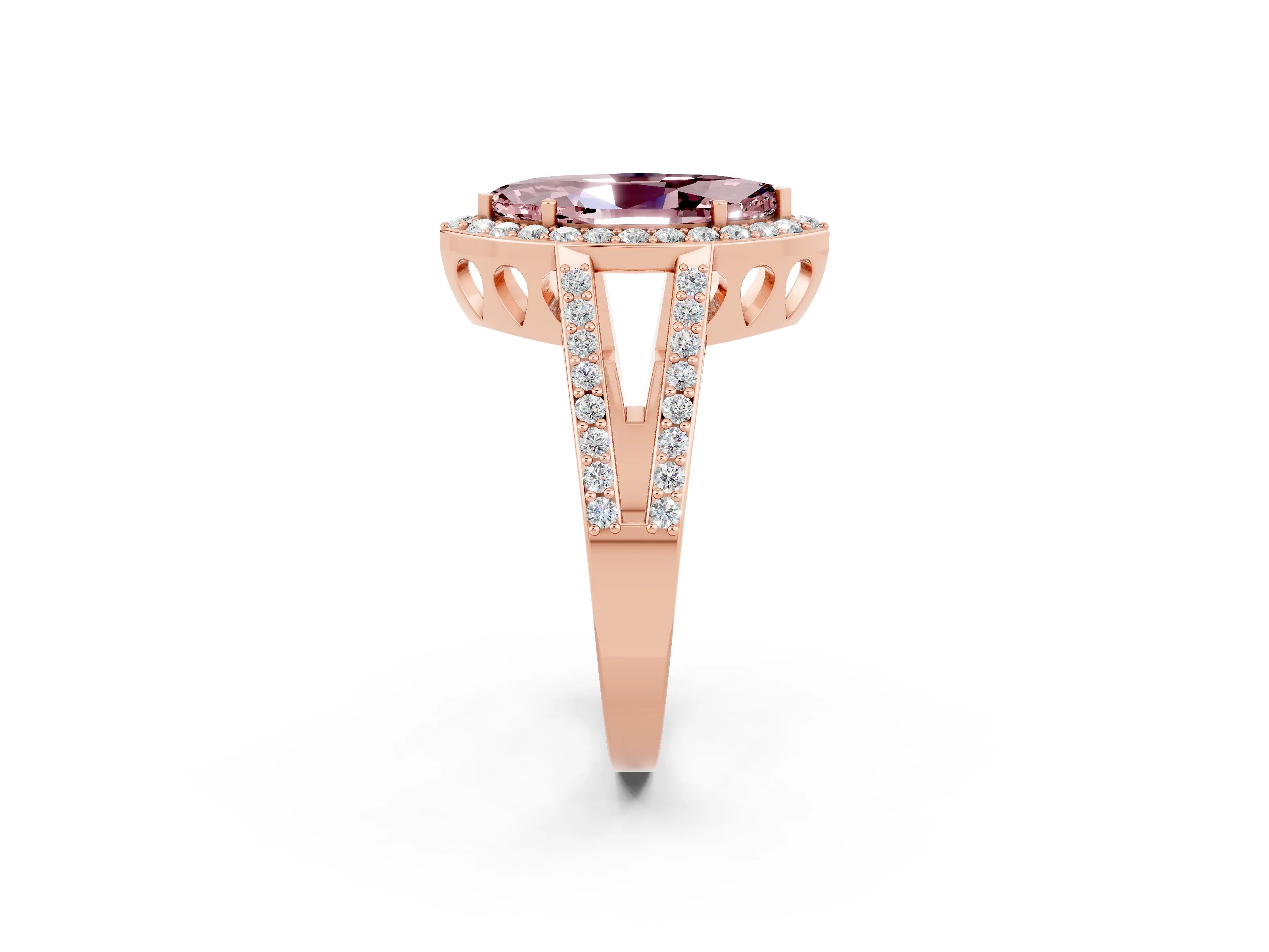 Rose gold Marquise Cut Morganite Halo Ring with Split Shank U-Prong Band and Four-Prong Setting_2