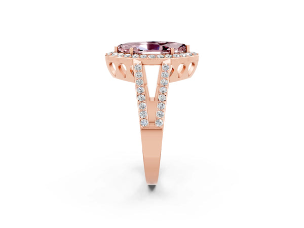 Rose gold Marquise Cut Morganite Halo Ring with Split Shank U-Prong Band and Four-Prong Setting
