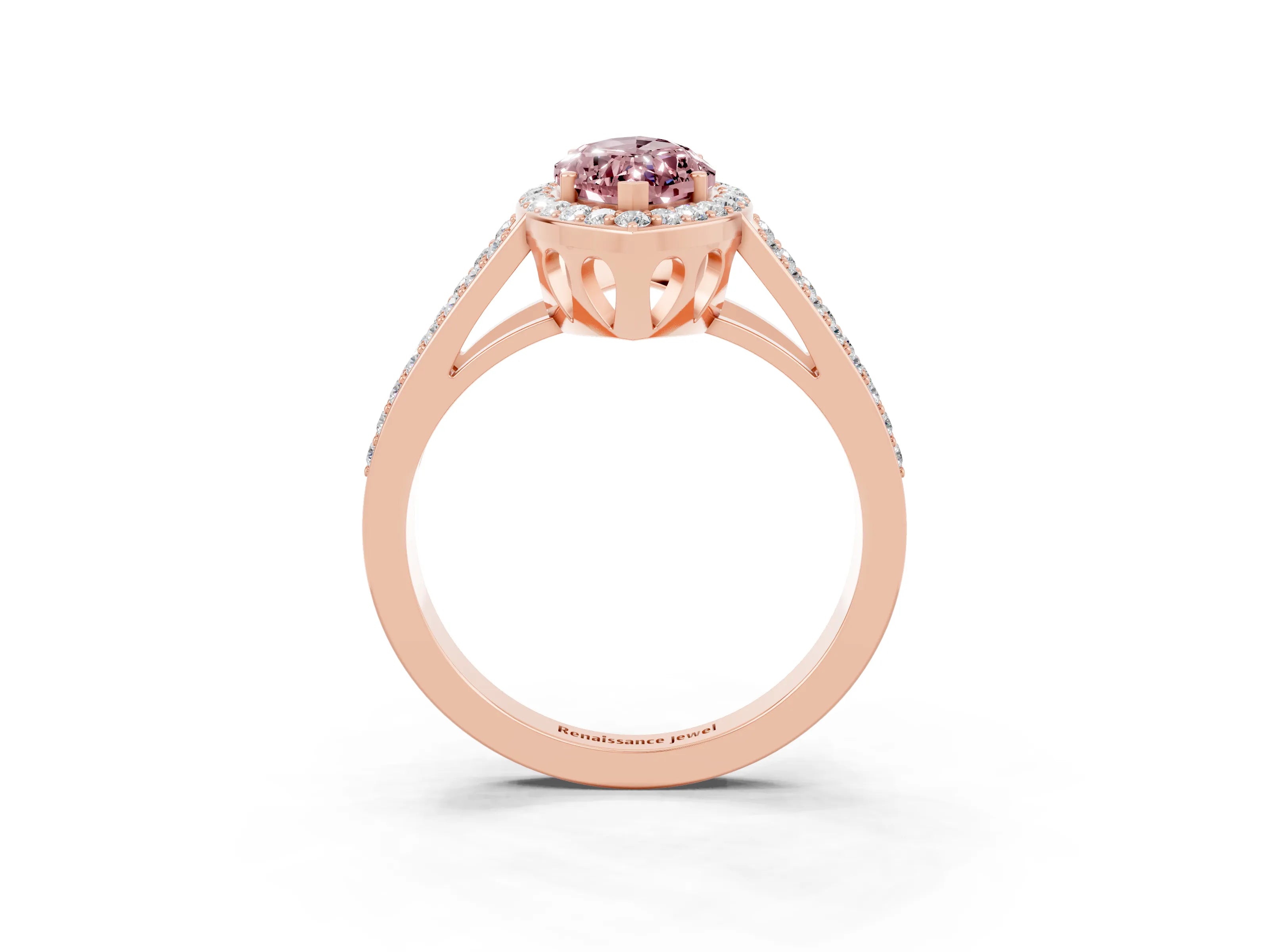 Rose gold Marquise Cut Morganite Halo Ring with Split Shank U-Prong Band and Four-Prong Setting_3