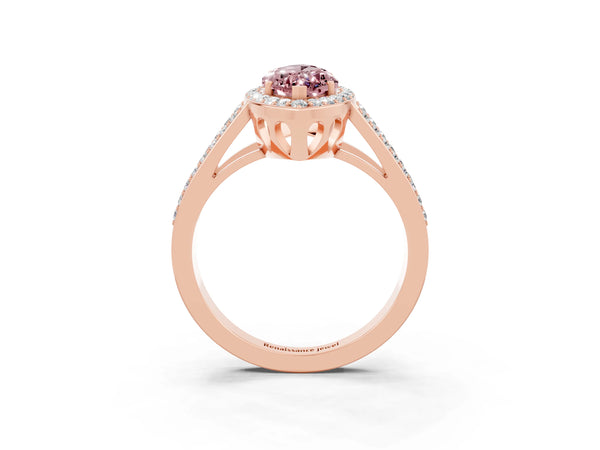 Rose gold Marquise Cut Morganite Halo Ring with Split Shank U-Prong Band and Four-Prong Setting