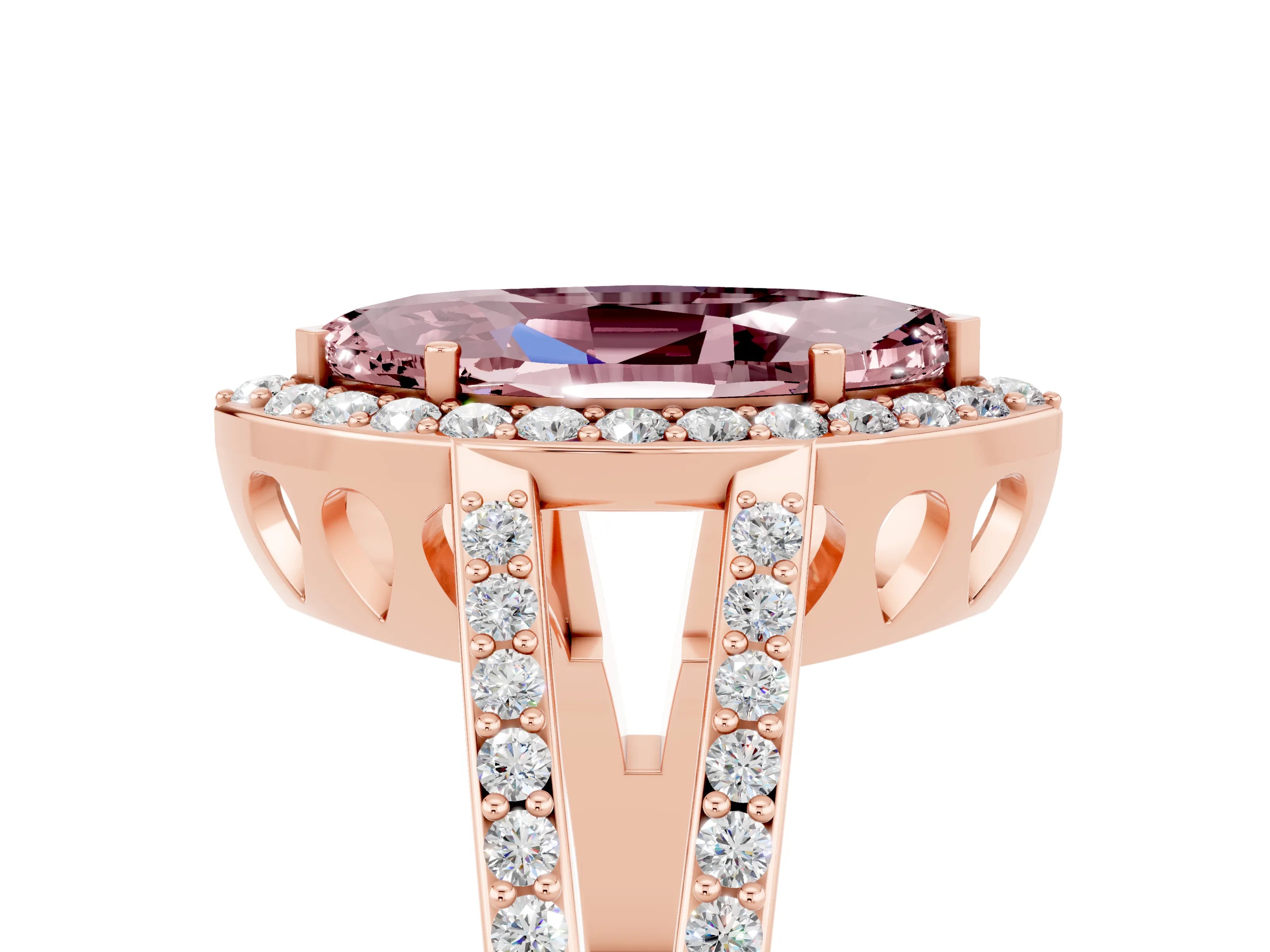 Rose gold Marquise Cut Morganite Halo Ring with Split Shank U-Prong Band and Four-Prong Setting_5