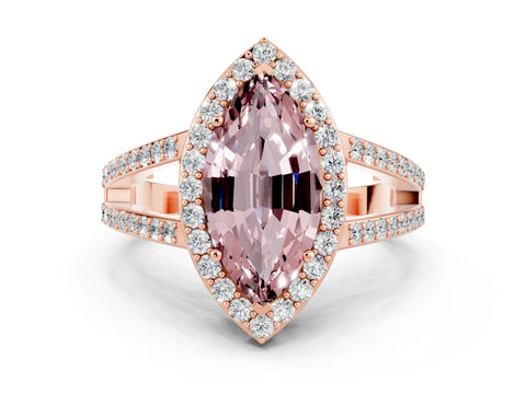 Rose gold Marquise Cut Morganite Halo Ring with Split Shank U-Prong Band and Four-Prong Setting