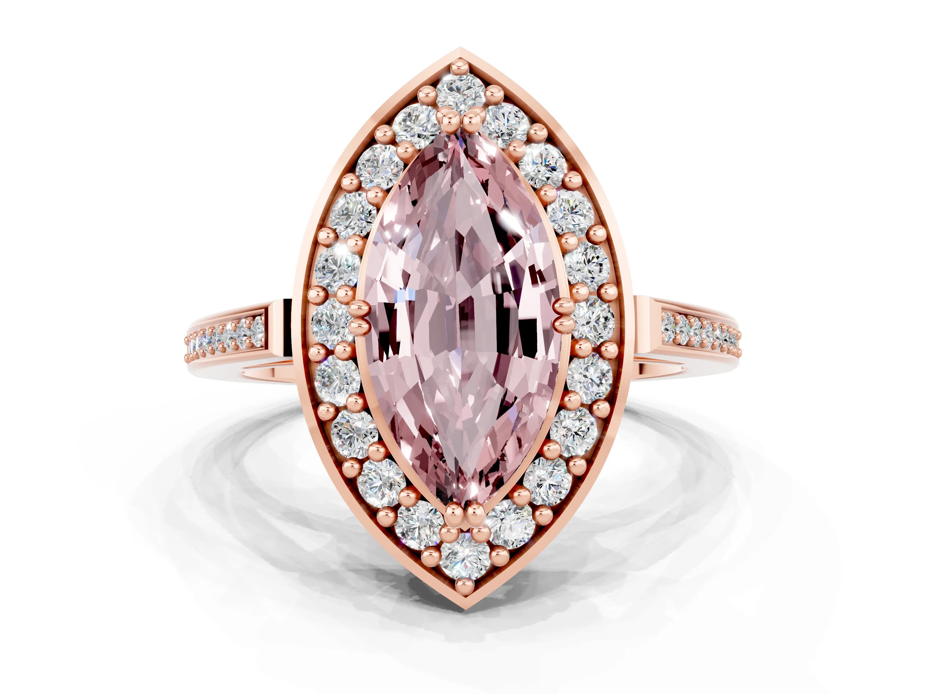 Rose gold Marquise Cut Morganite Halo Ring with Split Shank and Four-Prong Setting