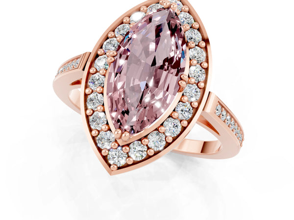 Rose gold Marquise Cut Morganite Halo Ring with Split Shank and Four-Prong Setting